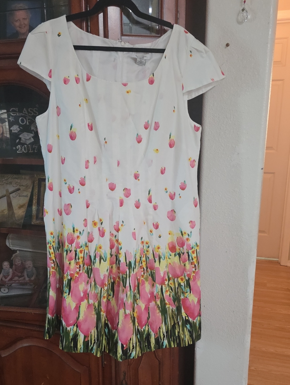 Liz Claiborne White Midi Dress with Pink & Green Floral Border